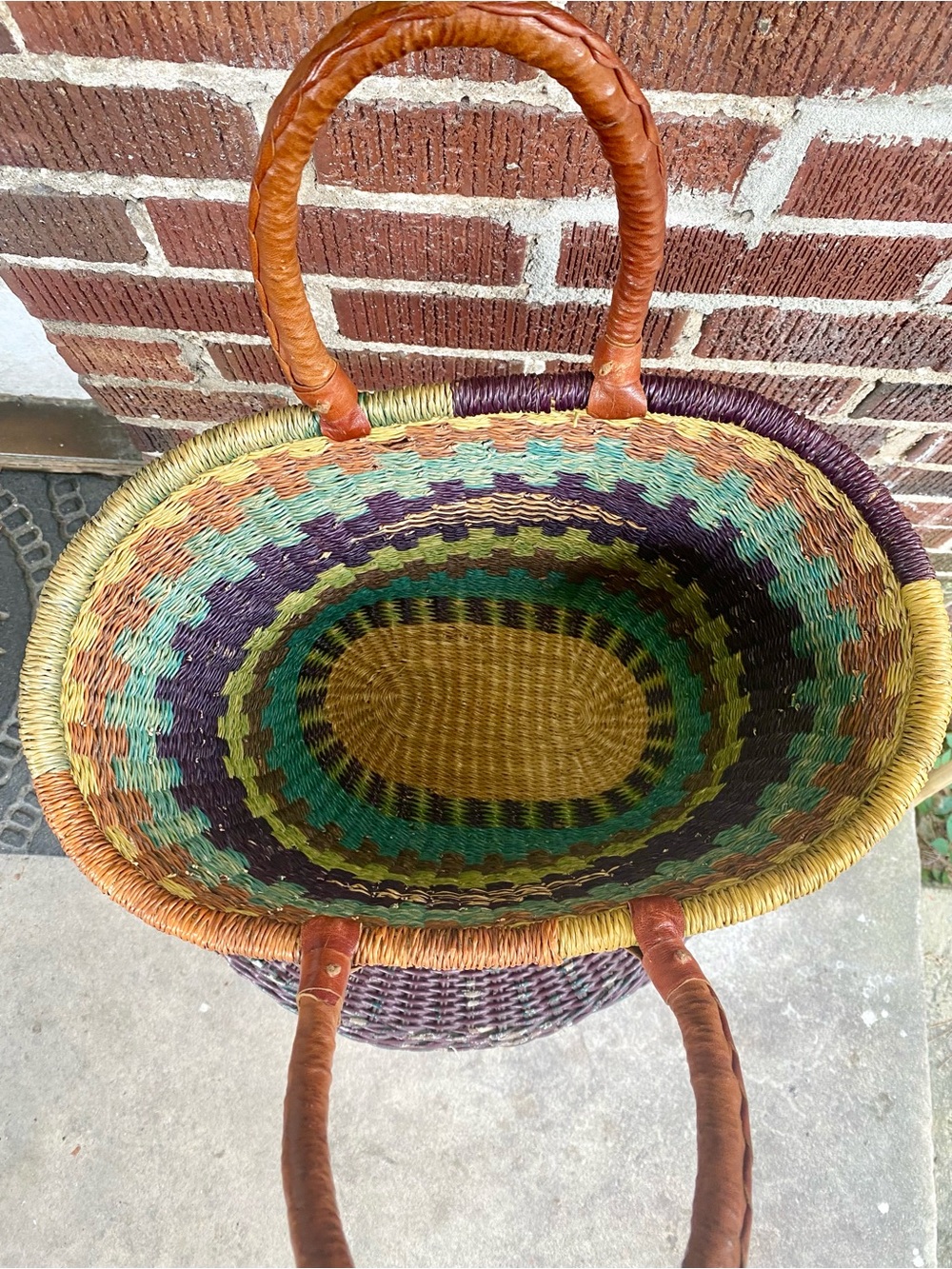 Handmade African Woven Straw Basket with Leather Handles - Blue, Green, Brown - Picture 4 of 5